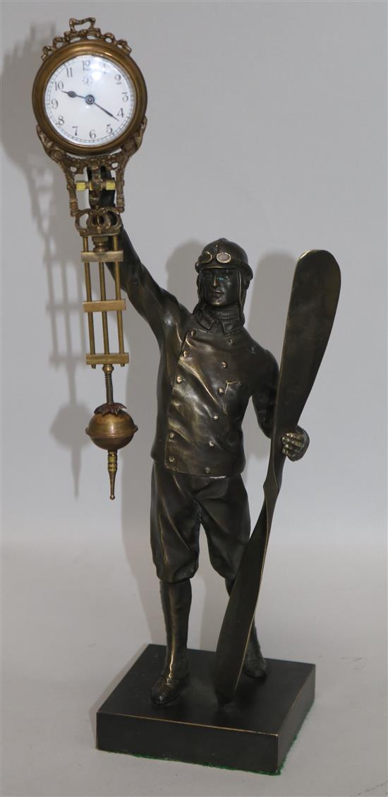 A bronzed mystery clock in the form of a pilot H.15in.